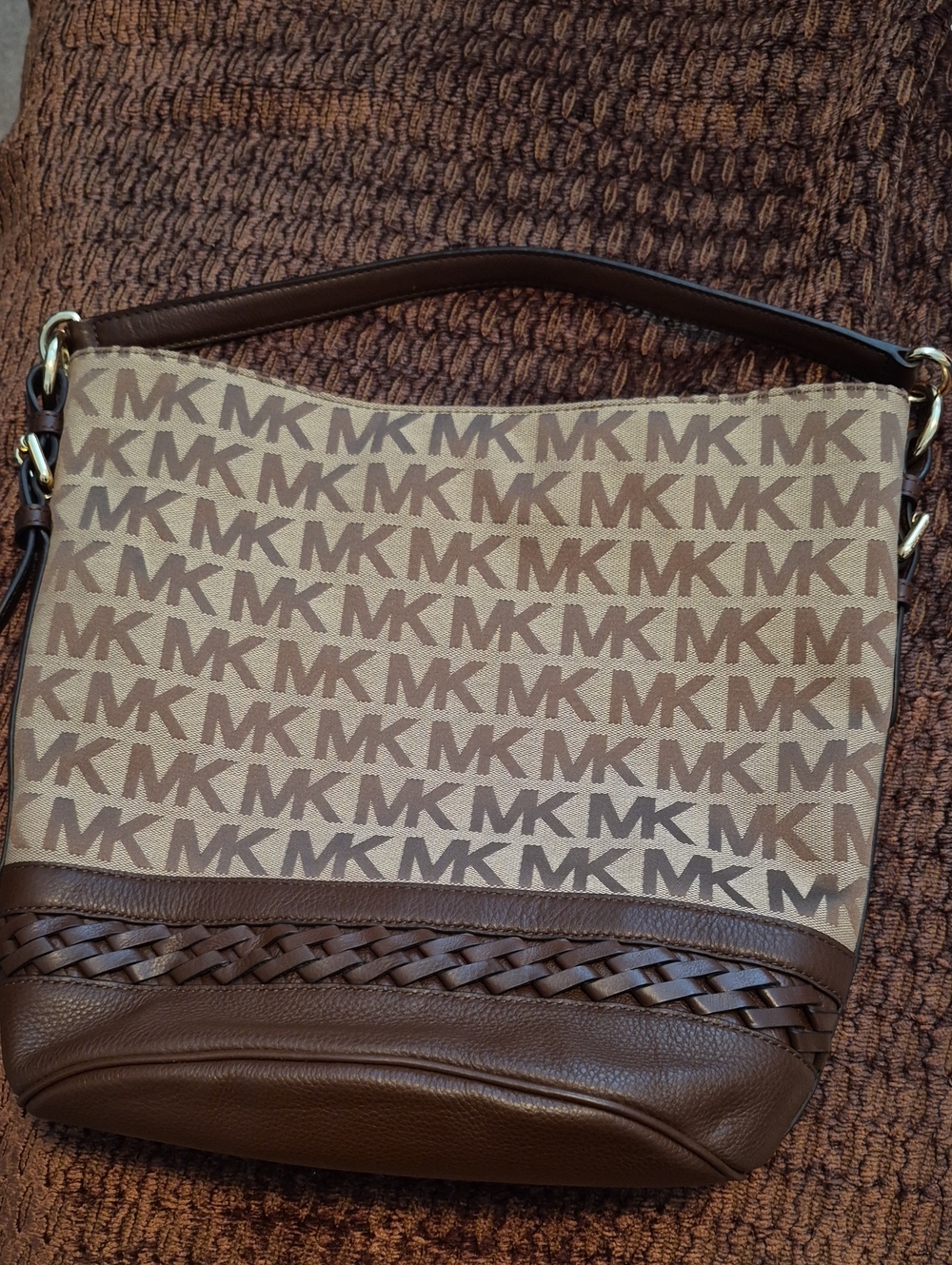 Michael Kors MK Logo Signature Brown Jacquard Hobo Shoulder Bag